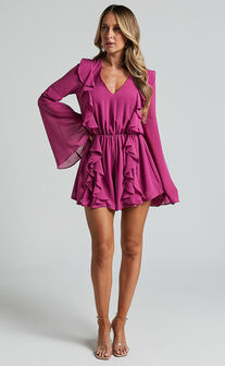 Zella Playsuit - Plunge Ruffle Detail Long Sleeve in Grape