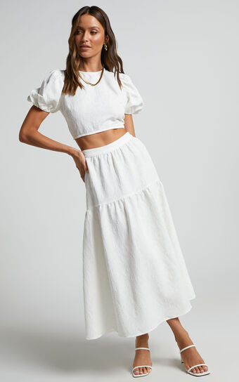 Leila Two Piece Set - Puff Sleeve Top and Midi Skirt Set in White