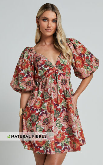 Amalie The Label - Loleta Linen Blend Short Balloon Sleeve Low Back Mini Dress in Musee Print