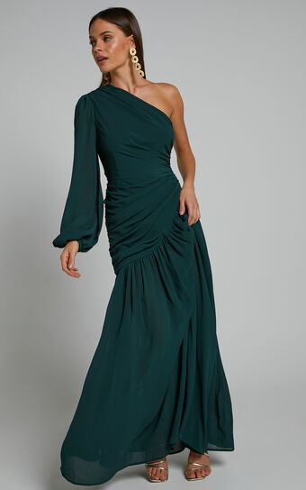 Grittah Midi Dress - One Shoulder Bishop Sleeve High Split Ruched Dress in Emerald