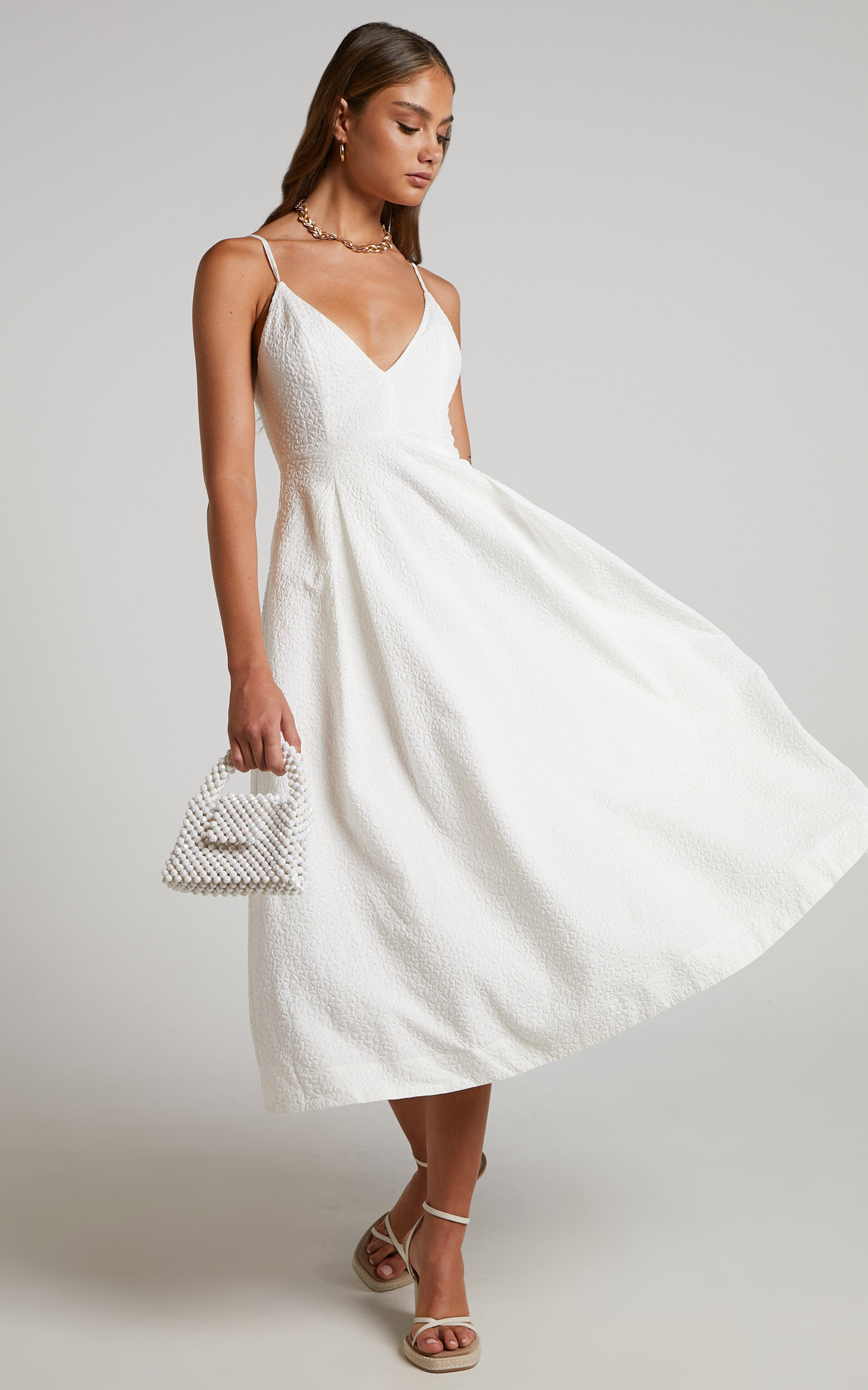 White floral new arrivals plunge midi dress