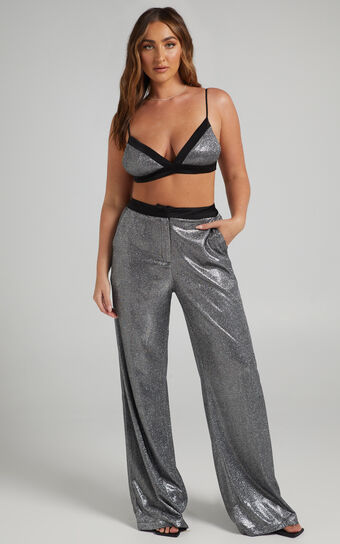 Sharleez Pants - Glitter High Waisted Tailored Wide Leg Pants in Metallic