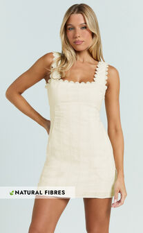 Sylvia Mini Dress - Square Neck Lace Trim A Line Mini Dress in Yellow