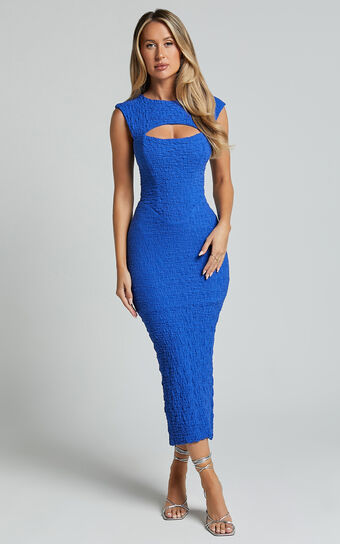 Alfie Midi Dress - High Neck Sleeveless Cut Out Front Dress in Cobalt Blue