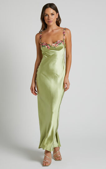 Harmony Midi Dress - Floral Detail Cup Bust Satin Dress in Citrus