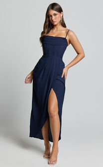 Andrina Midi Dress - High Low Wrap Corset Dress in Navy