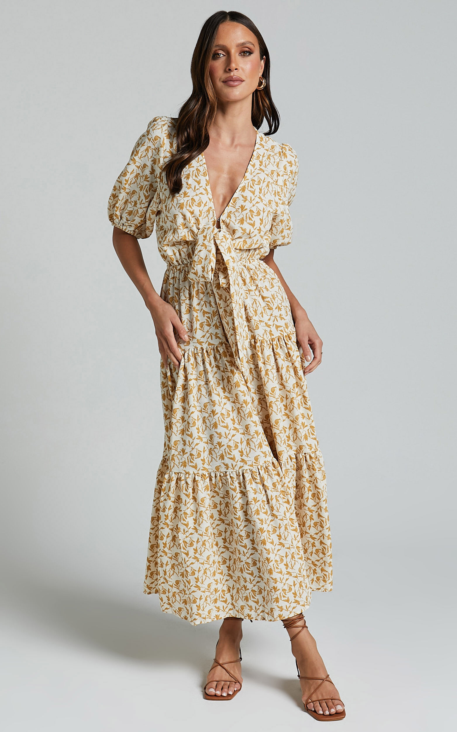 Alena Midi Dress - Short Puff Sleeve Tie Front Tiered Dress in Golden Floral - 04, YEL1