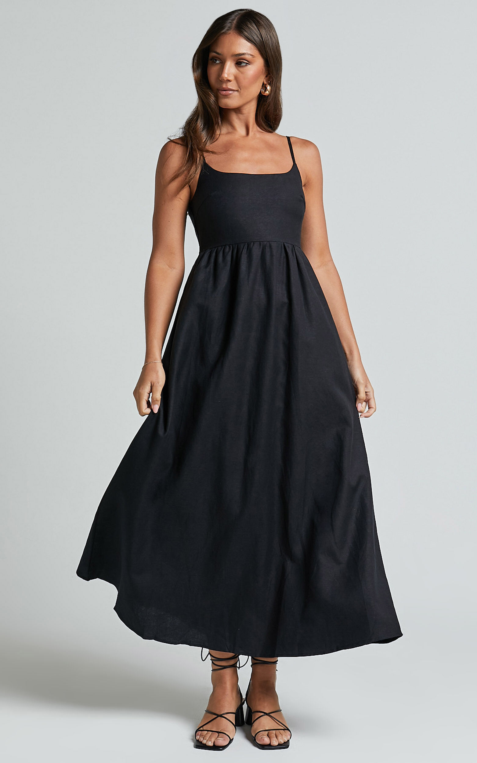 Kayrie Midi Dress  - Strappy A Line Linen Look in Black - 06, BLK1