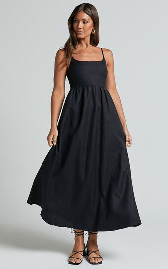 Kayrie Midi Dress  - Strappy A Line Linen Look in Black