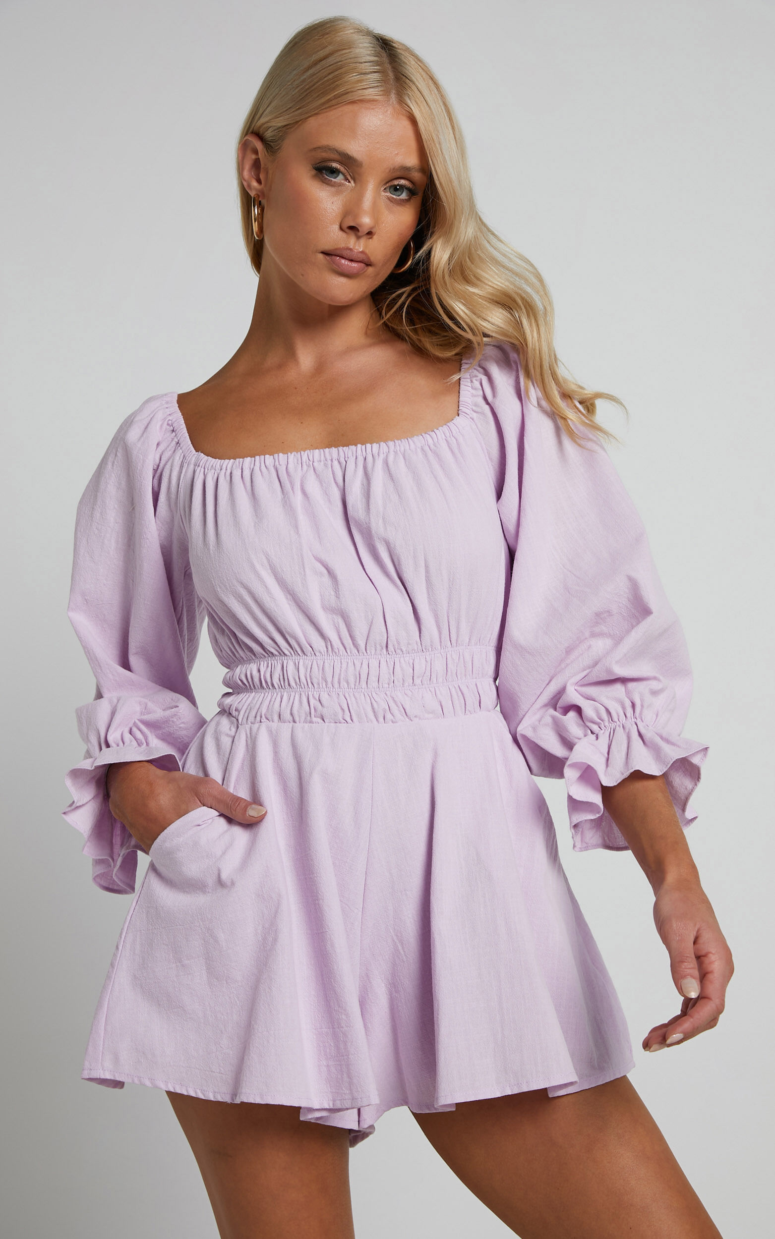 Nerissa Playsuit Off Shoulder Long Sleeve Playsuit in Lilac Showpo