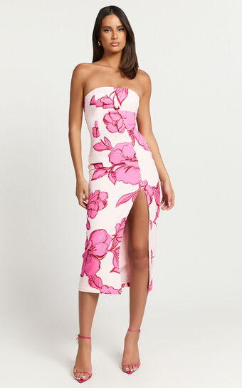 Shantelle Midi Dress - Strapless Bodycon Back Split Dress in Bouquet Di Fiori Print