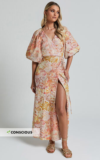 Amalie The Label - Santana Linen Blend Puff Sleeve Wrap Midi Dress in Morocco Print