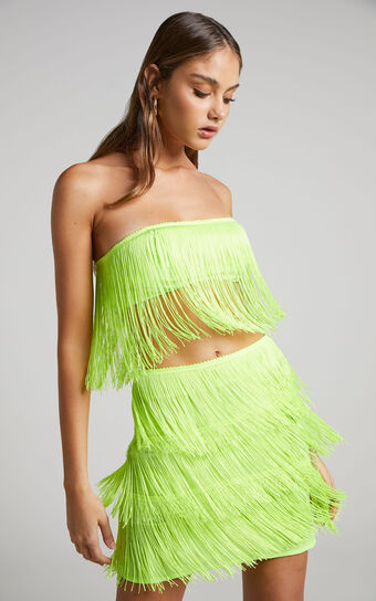 Siofra Two Piece Set - Fringe Crop Top and Mini Skirt Set in Lime