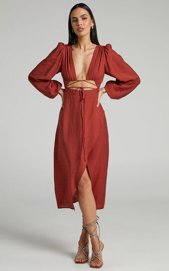 Demieh Midi Dress - Front Cut Out Long Sleeve Dress in Rust