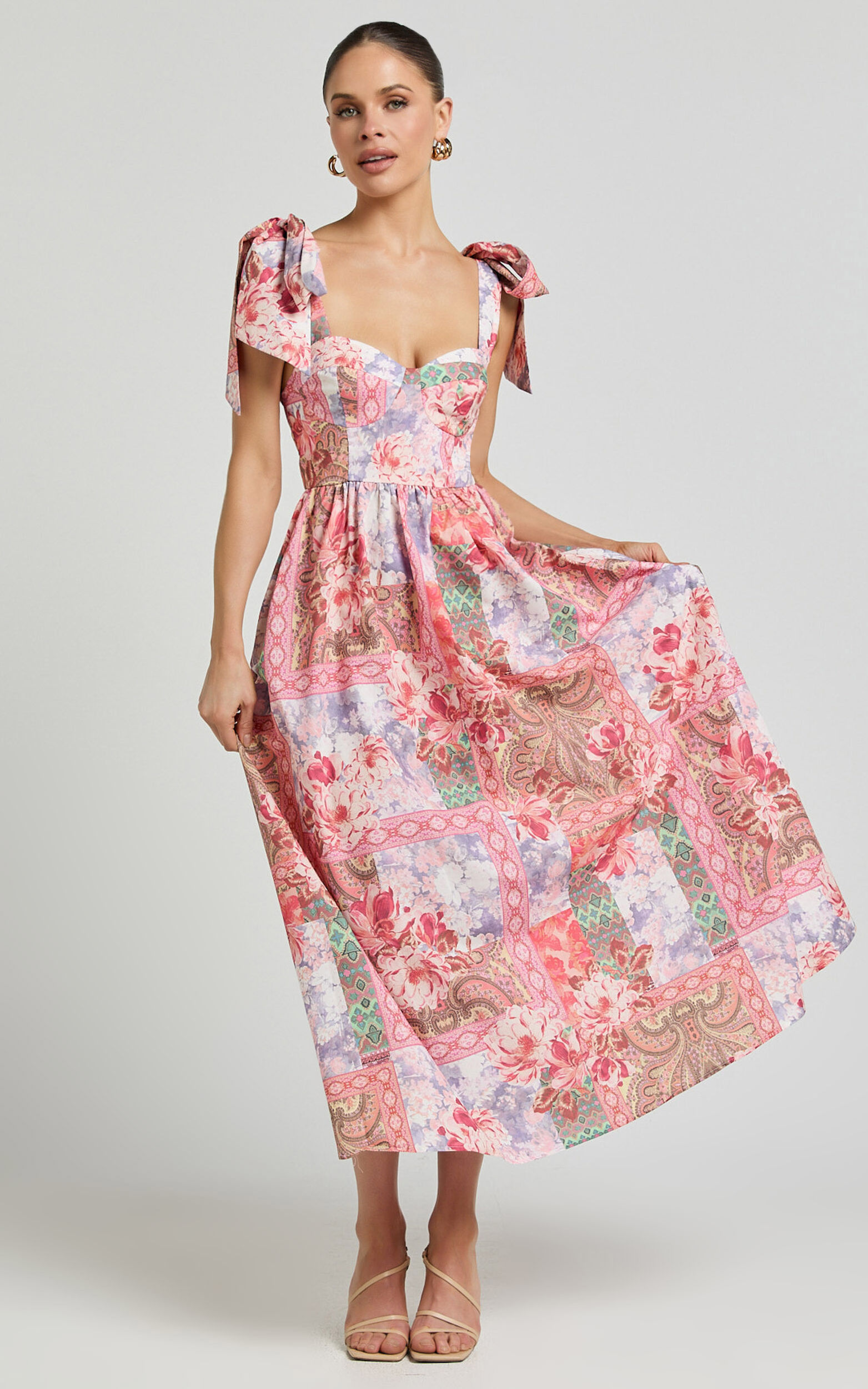 Meagan Midi Dress - Tie Shoulder Gathered Skirt Dress in Floral Mosaic Print - 06, PNK1