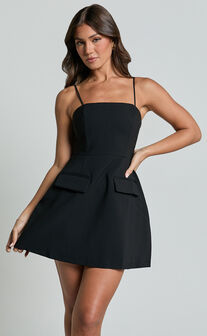 Katia Mini Dress - Strappy Corset A Line Dress in Black