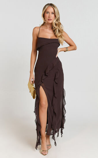 Connie Midi Dress- Ruffle Detail Dress in Chocolate
