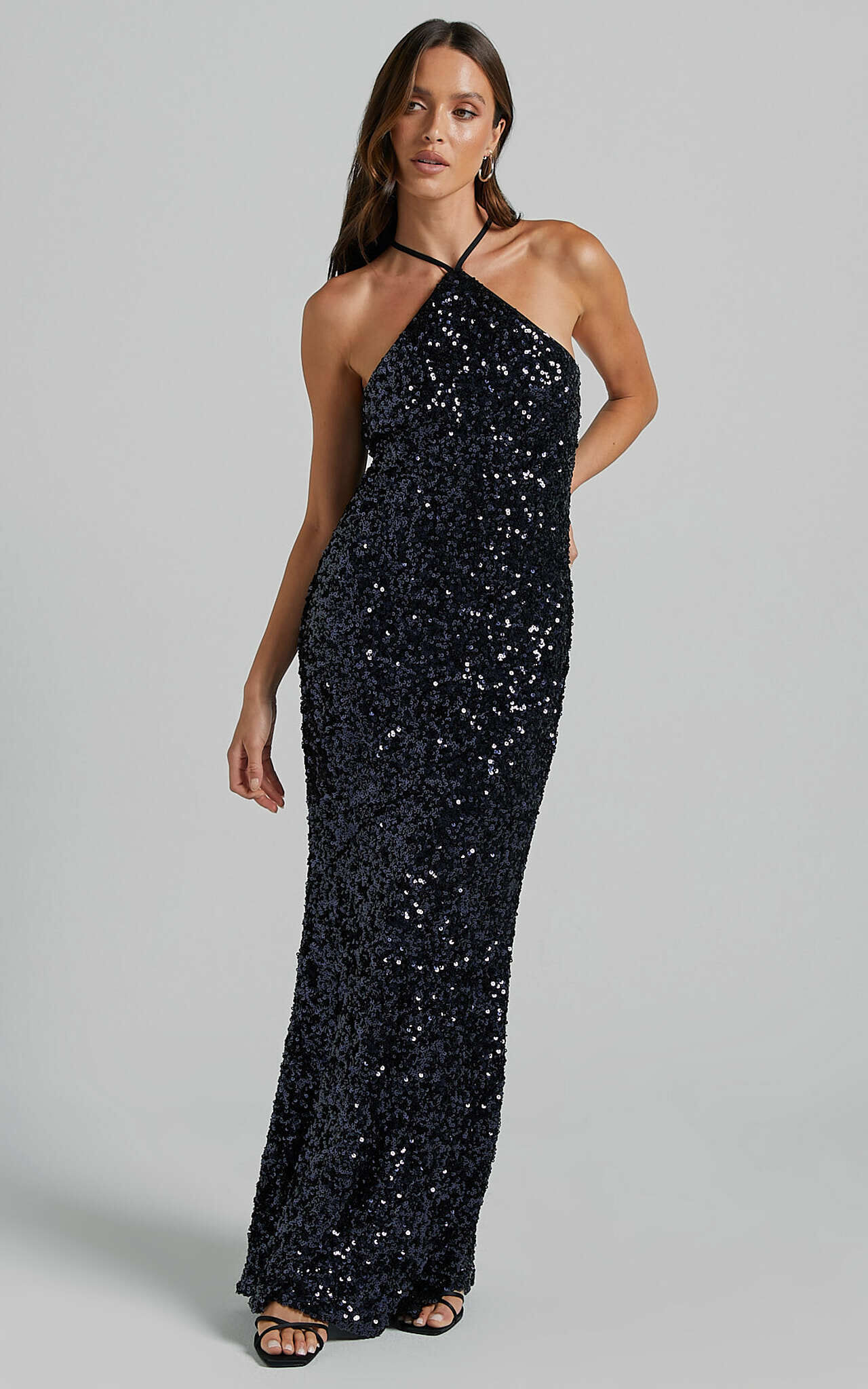 Aurora Maxi Dress Halter Neck Bodycon Sequin in Navy