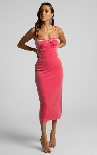 Cerena Midi Dress - Strapless Bustier Dress in Bubblegum Pink