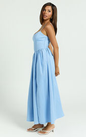 Morris Midi Dress - Linen Scoop Neck Gathered Dress in Blue | Showpo USA