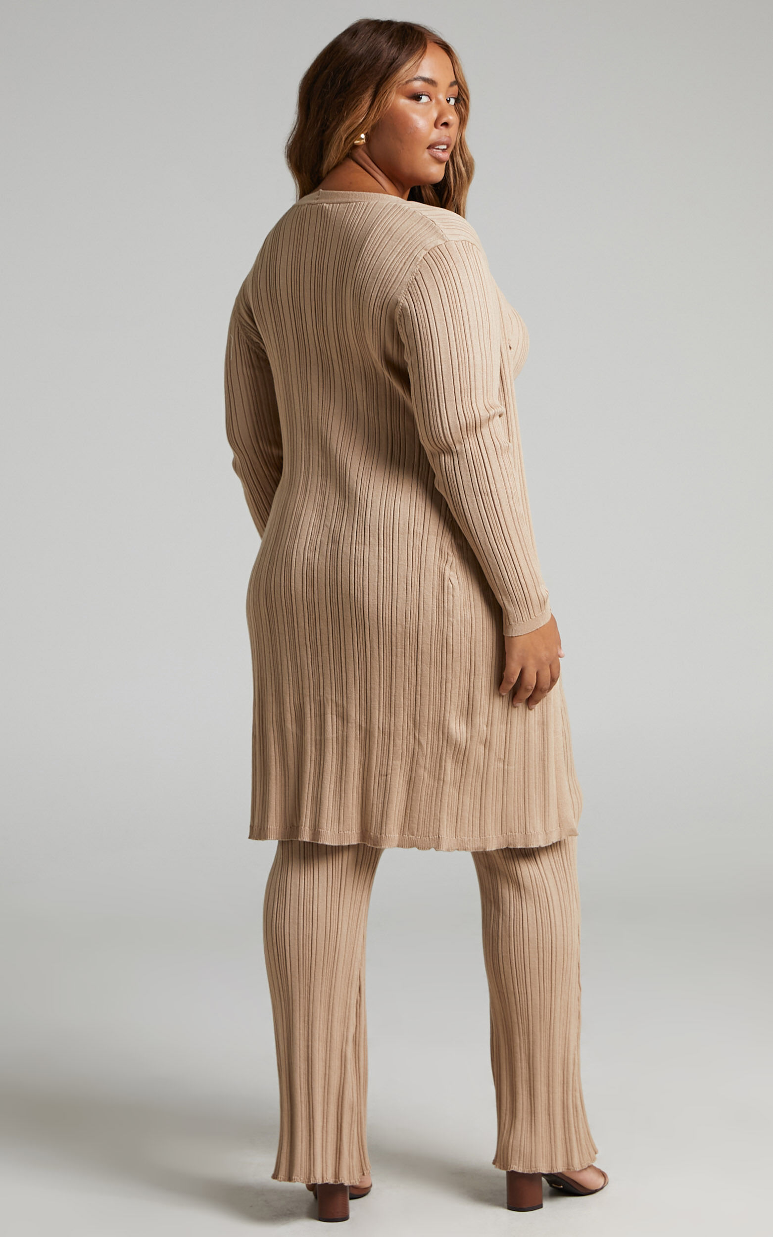 Farhana Cardigan Rib Knitted Longline Cardigan in Beige Showpo