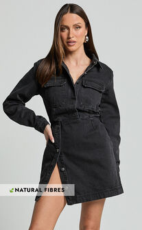 Ainsley Mini Dress - Button Through Long Sleeve Denim Dress in Washed Black