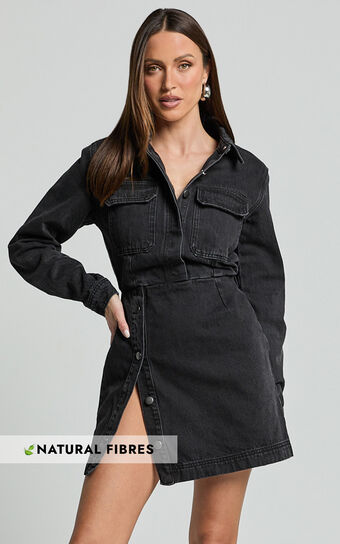 Ainsley Mini Dress - Button Through Long Sleeve Denim Dress in Washed Black