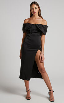 Rosbella Midi Dress - Off Shoulder Bodycon Dress in Black