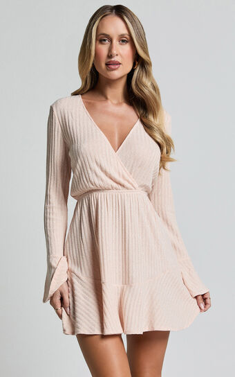 The Next Step Mini Dress - Long Sleeve Dress in Beige Marle