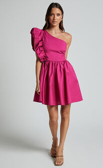 Brodie Mini Dress - One Shoulder Frill Dress in Raspberry