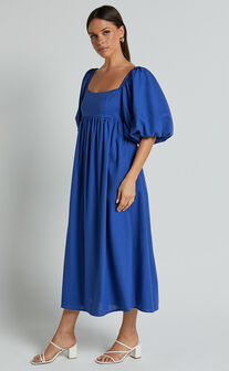 Cenia Midi Dress - Linen Straight Neck Shirred Back Puff Sleeve Dress in Bright Blue