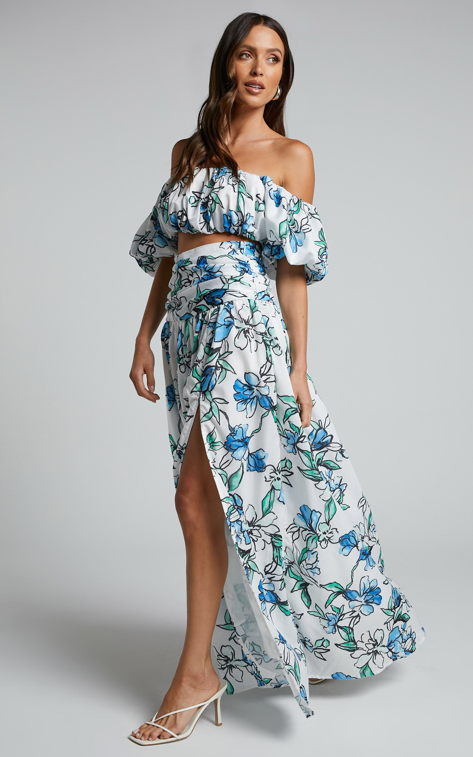 Alezia Two Piece Set Off Shoulder Crop Top and Gathered Waist Midi Skirt in Brush Stroke Floral Showpo