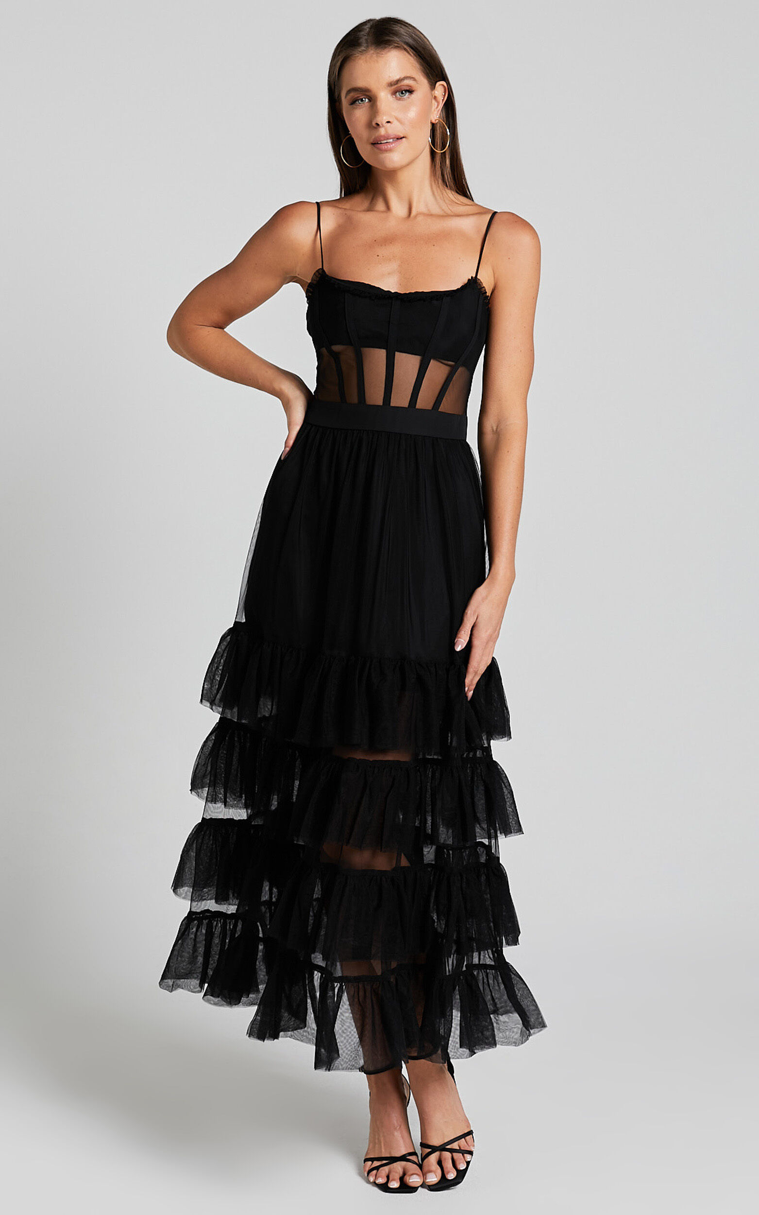 Evelynn Maxi Dress Sweetheart Corset Bodice Fit Flare Tiered in Black
