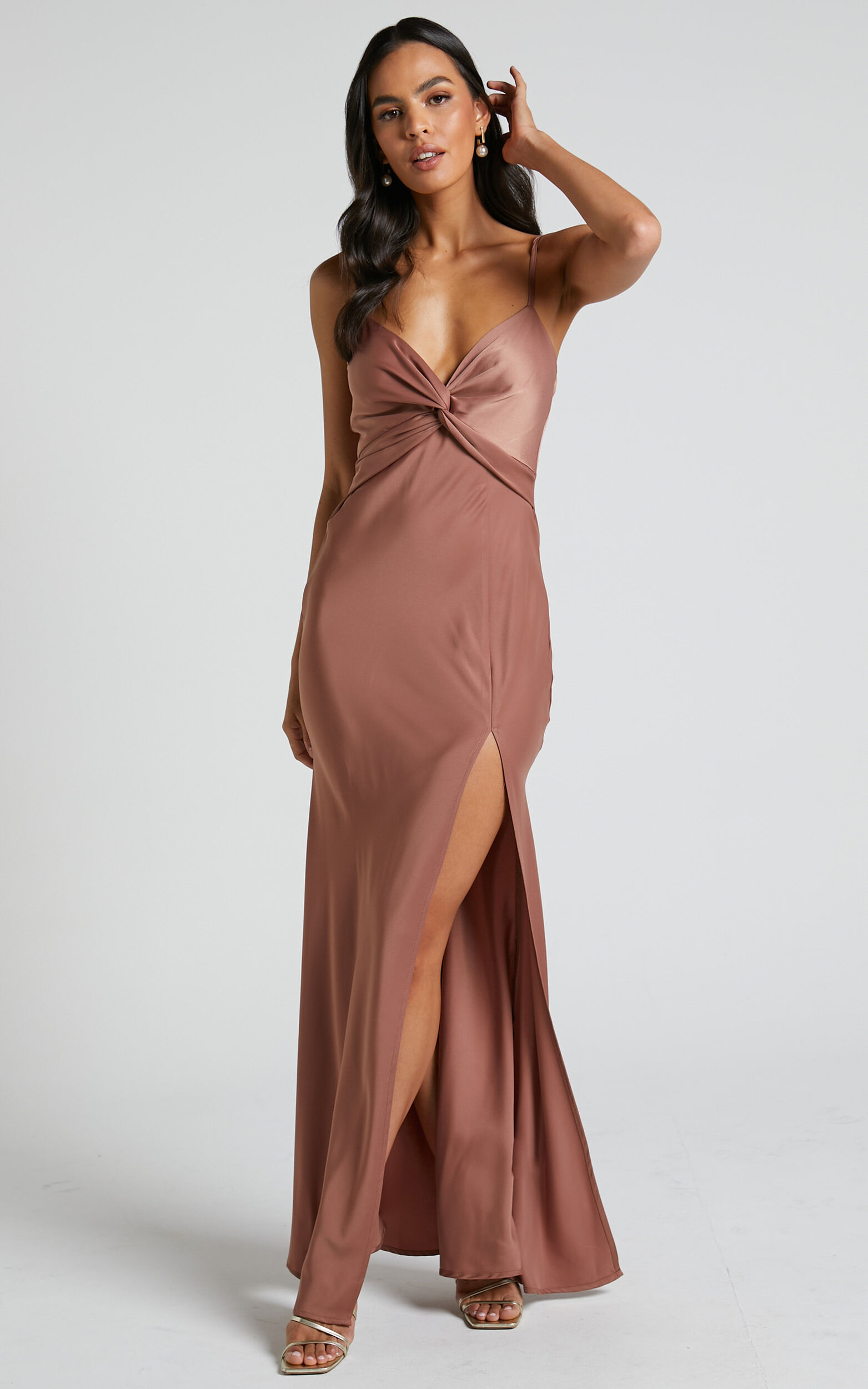 Gemalyn Midi Dress - Twist Front Thigh Split Dress in Dusty Rose - 04, PNK3