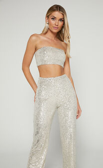 Imogen Two Piece Set - Bandeau Top and Straight Pants Set in Silver Sequin
