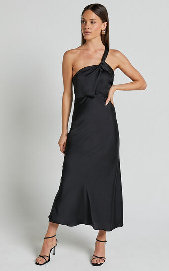 Carmella Midi Dress - One Shoulder Twist Detail Dress in Black 