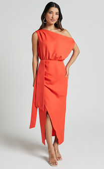 Zuri Midi Dress - One Shoulder Wrap Dress in Orange