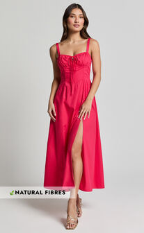 Maiya Midi Dress - Tie Front Fitted Bodice Dress in Hot Pink