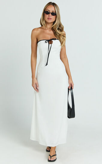 Lashara Maxi Linen Blend Dress - Strapless Contrast Dress in White