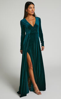 Sloane Maxi Dress - Long Sleeve Wrap Dress in Emerald
