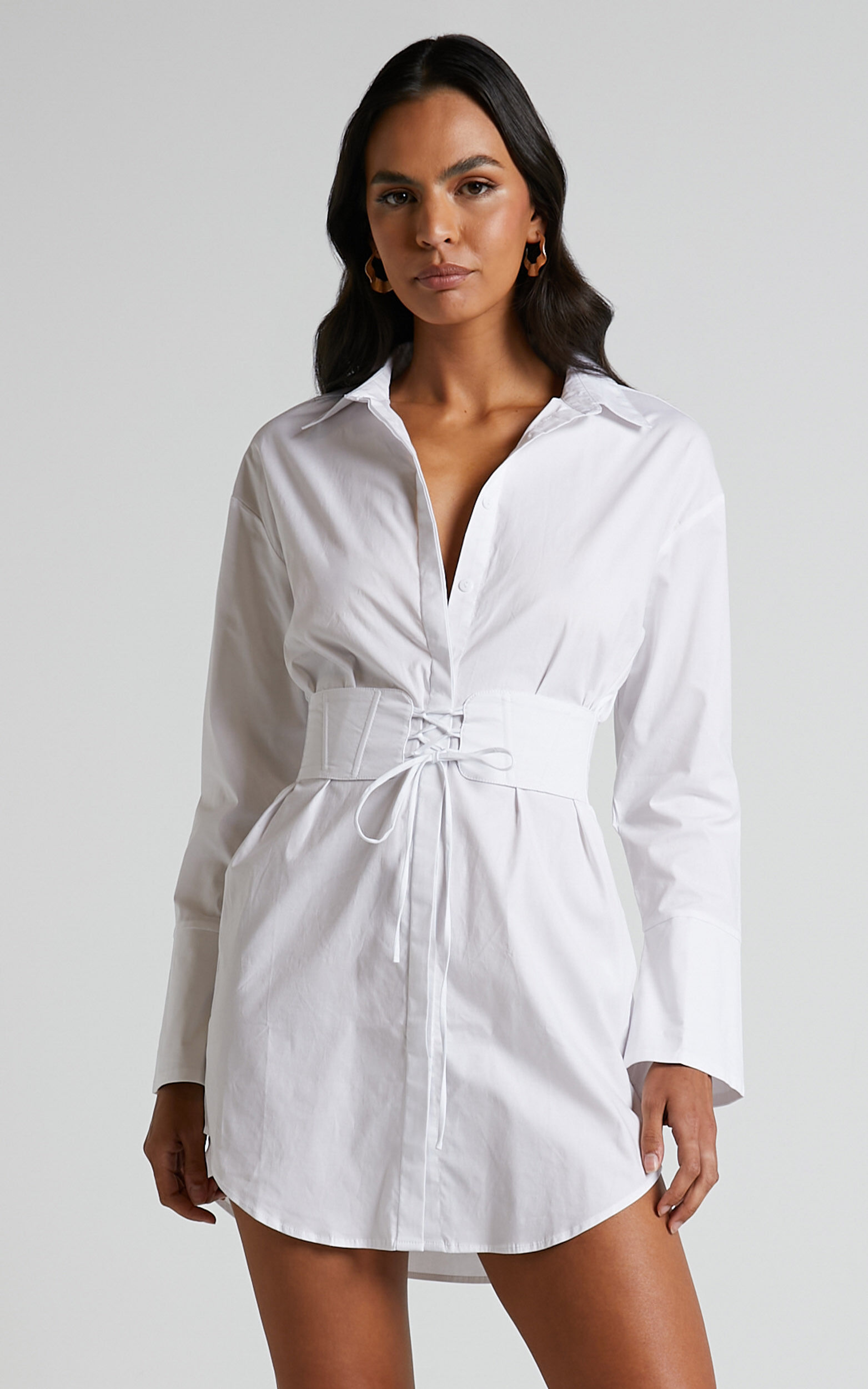 White / XS - Lavo Shirt Dress With Corset Lace Up Belt