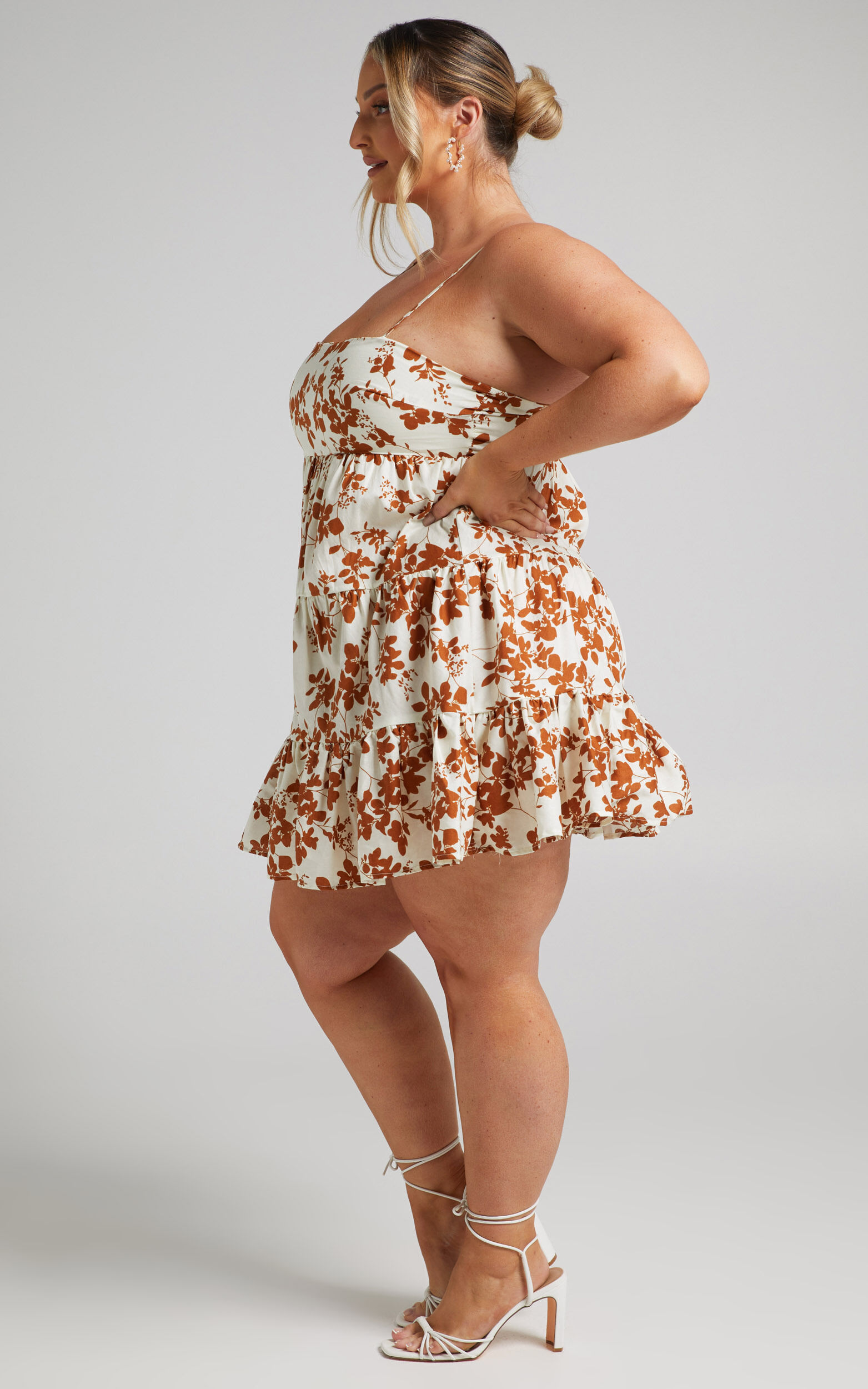 Lorelle Mini Dress Straight Neck Tiered Dress in Shadow Floral Showpo