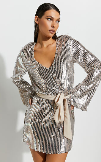 Shellanie Mini Dress - Plunge Long Sleeve Dress in Silver and Gold Sequin