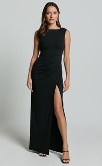 Celia Maxi Dress - Twist Shoulder Bodycon Thigh Split Dress in Black