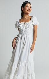 Claritza Midi Dress - Linen Look Short Puff Sleeve Square Neck Tiered Dress in White | Showpo NZ