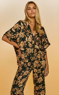 Laila Top - Short Sleeve Button Through Relaxed Shirt in Black Floral