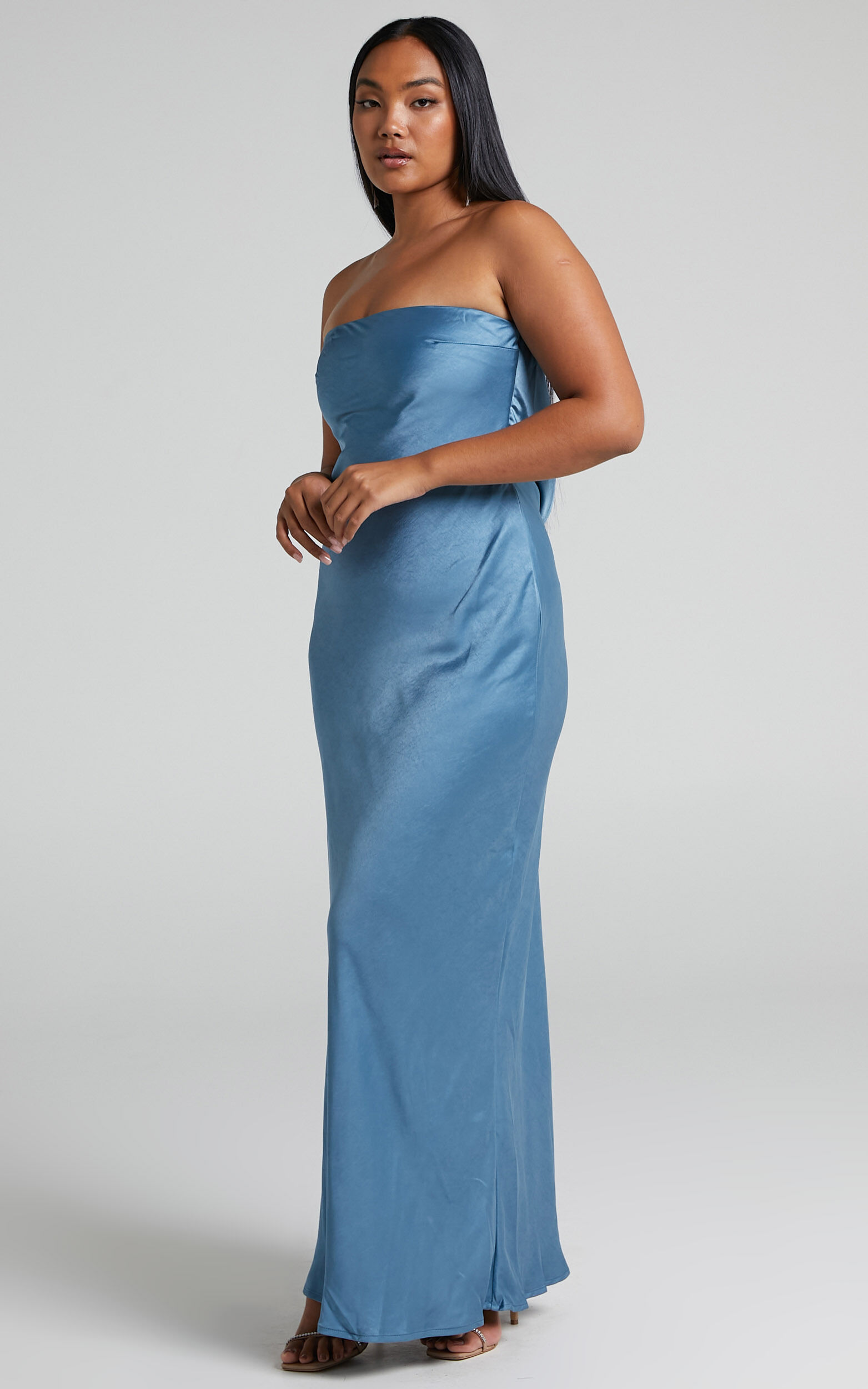 Charlita Maxi Showpo Steel - Cowl Blue Satin | in Dress Strapless Back USA Dress