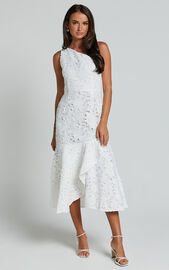 Beth Midi Dress - One Shoulder Ruffle Hem Lace Dress in White | Showpo