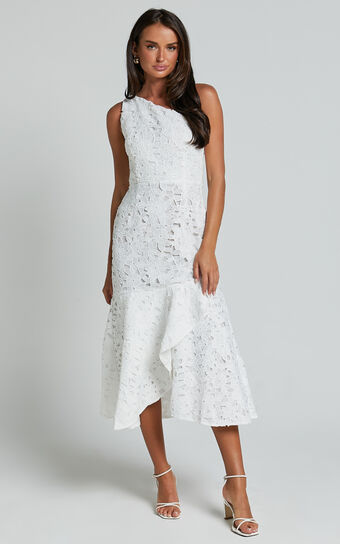 Beth Midi Dress - One Shoulder Ruffle Hem Lace Dress in White