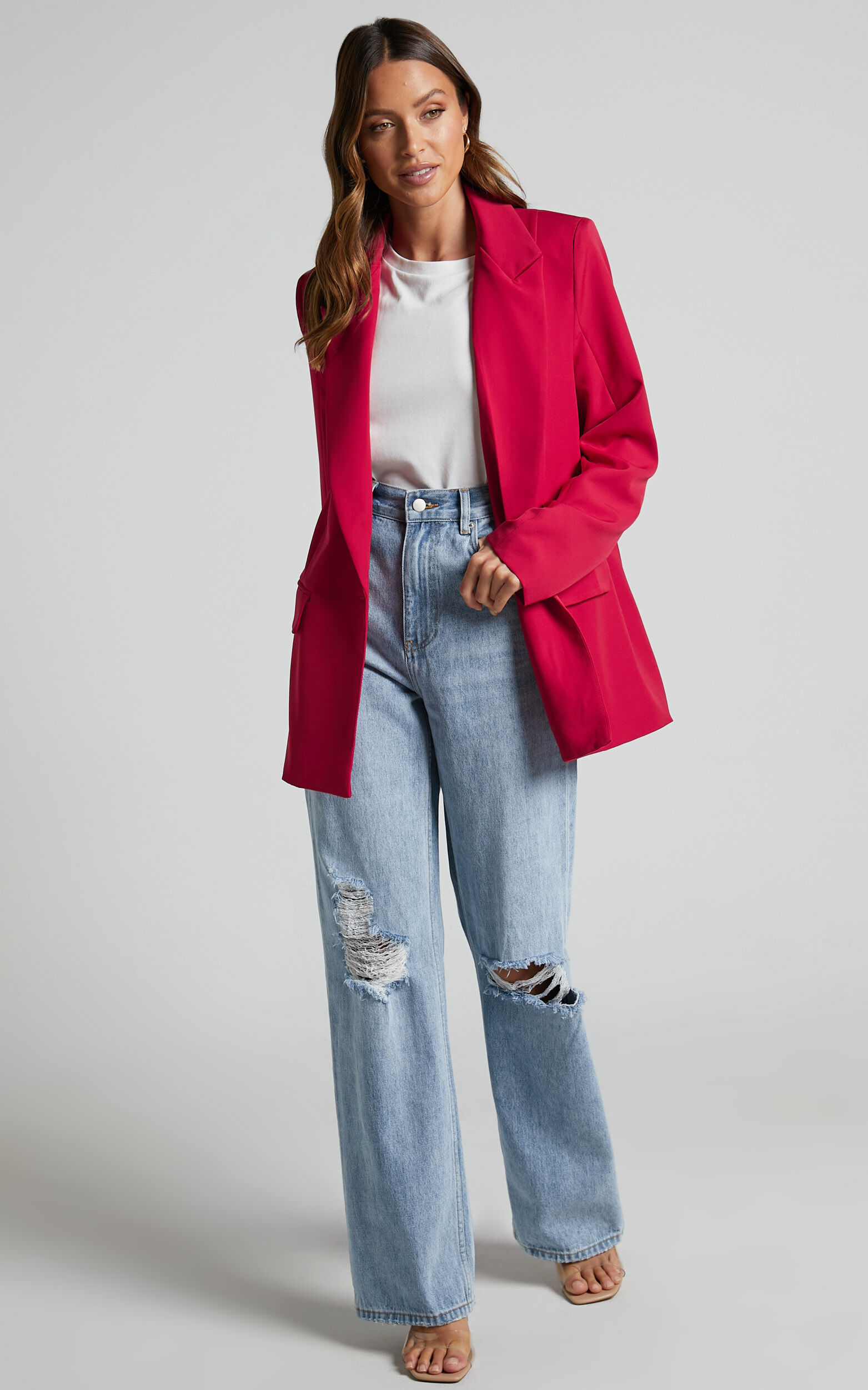 Sharmiel Blazer Plunge Neck Oversized Longline Blazer in Red Showpo